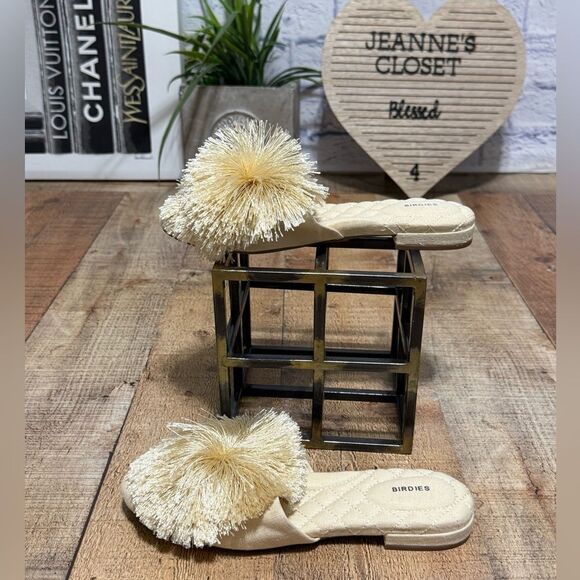 Birdies The Songbird Mule Linen Fabric Cream 6 Pom Fringe Feather Cushion Glam - Picture 2 of 10